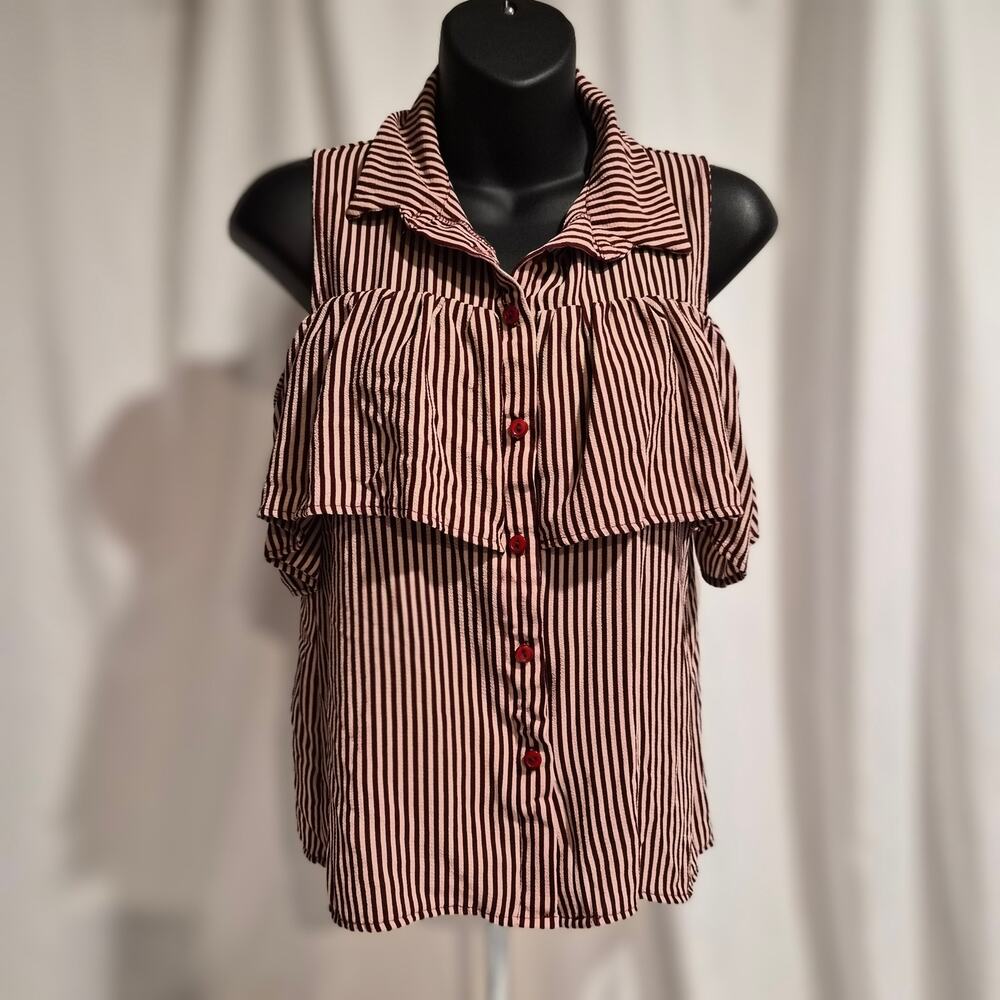 Vtg Burgundy Prison Stripe Cold Shoulder Ruffle Top 2010s Button Up Blouse S